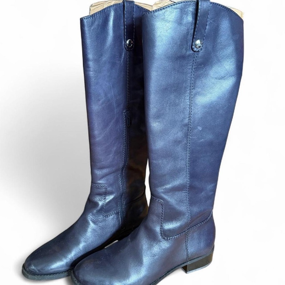 Navy blue leather knee high boots with silver button detail INC - FAWNE 9M box